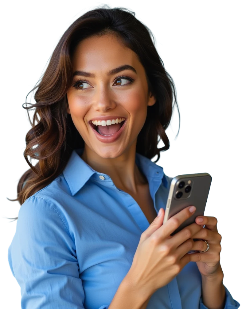 Mulher sorrindo e olhando para o celular que segura, em recorte sobre fundo escuro