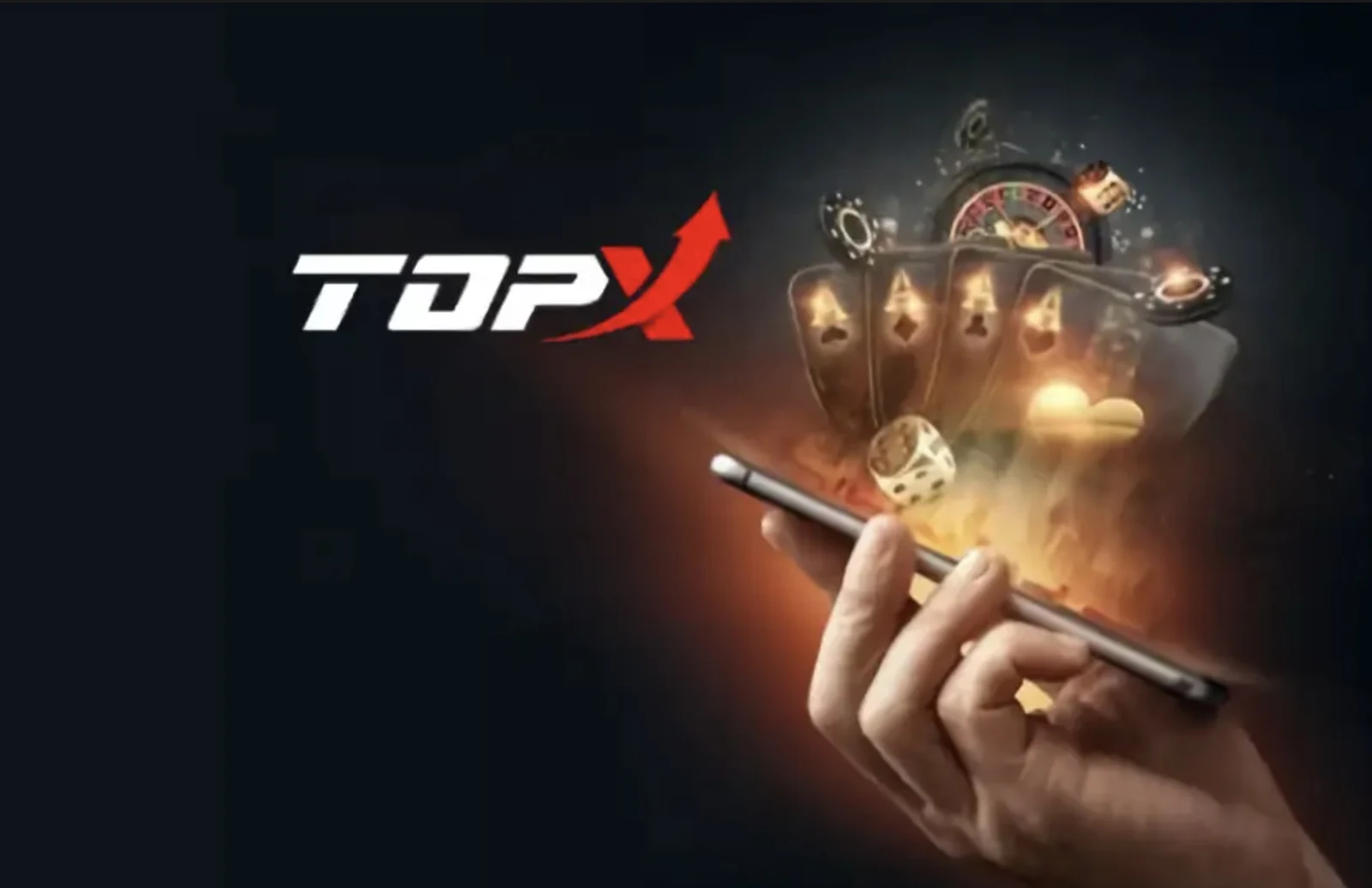 Celular em mãos sobre fundo escuro, com cartas de baralho na tela e o logotipo da TopX